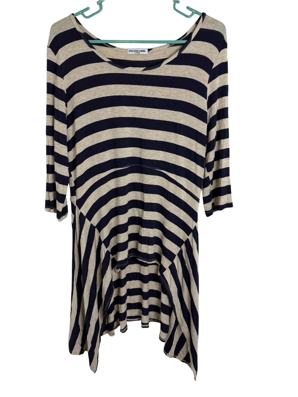 3/$20 Cha Cha Venti Navy Blue & Cream Striped 3/4 Sleeve High Low Shirt Size XL